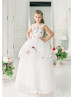 Beaded Ivory Tulle Peplum Print Flower Girl Dress